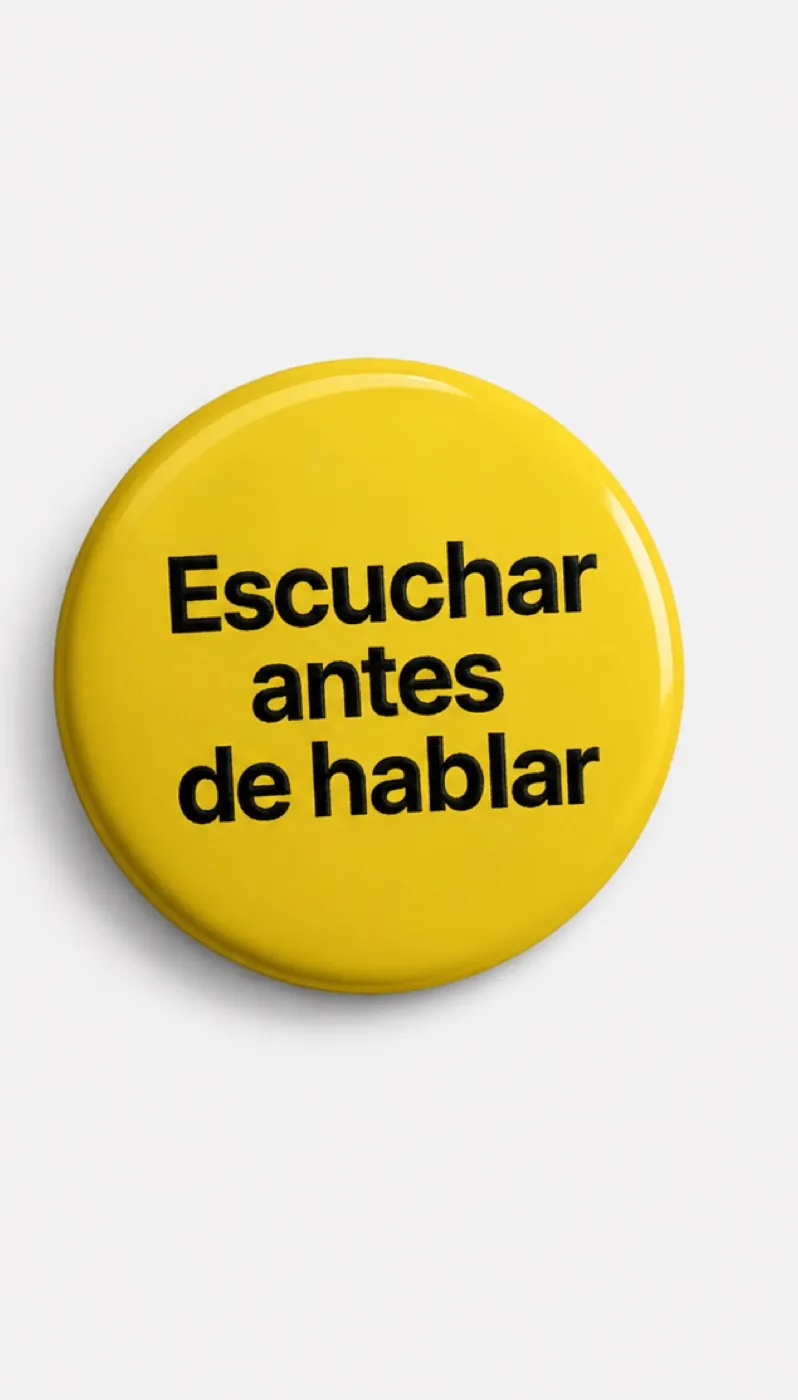 Chapa amarilla democracia21 con el mensaje "Escuchar antes de hablar"